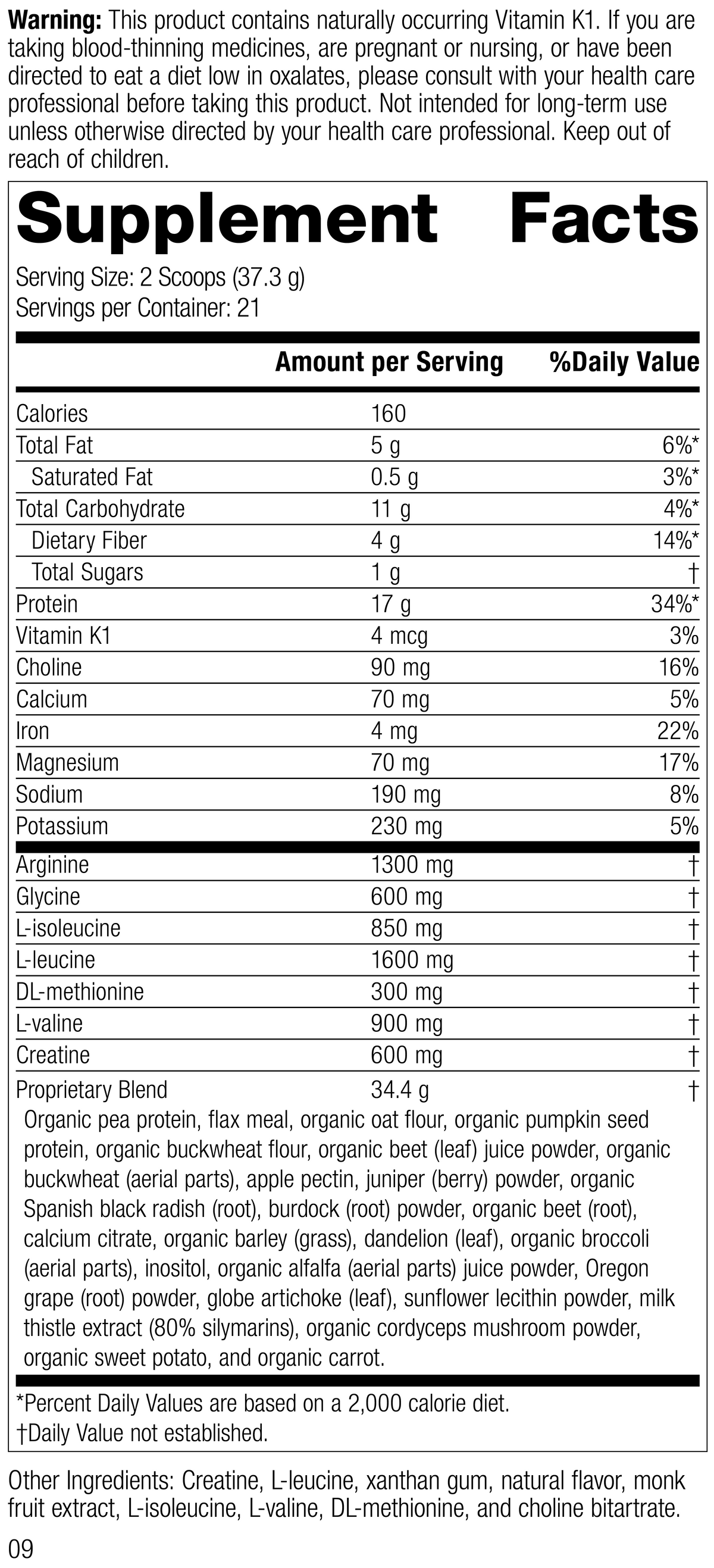 SP Detox Balance™ Chai, 27.6 oz., Rev 07 Supplement Facts