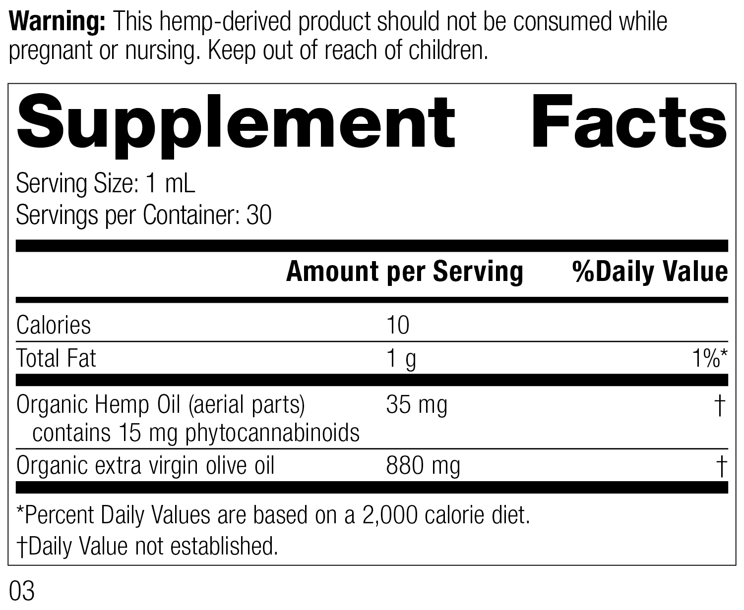 Hemp Oil Liquid 30 mL Rev 03 Supplement Facts