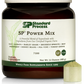 Tub of SP Power Mix next to a scoop of the green powder.