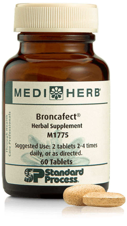 A bottle of Broncafect herbal supplement next to a tablet.