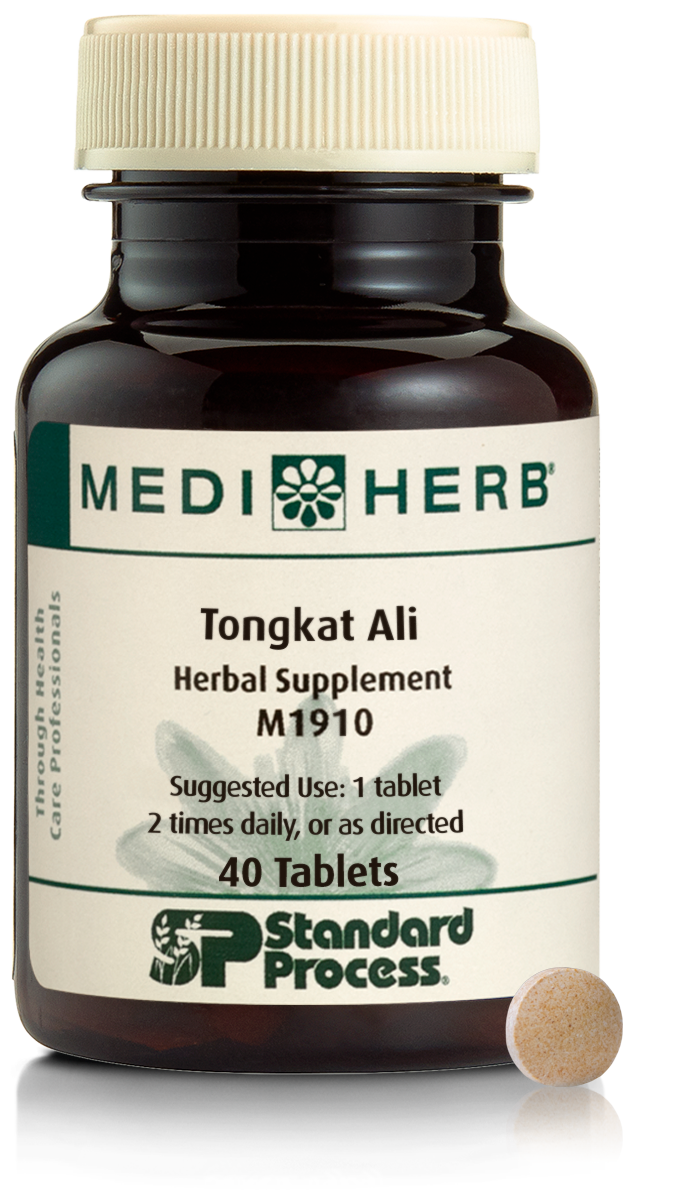 A bottle of MediHerb® Tongkat Ali, a testosterone support supplement for older men, next to a tablet of the supplement.